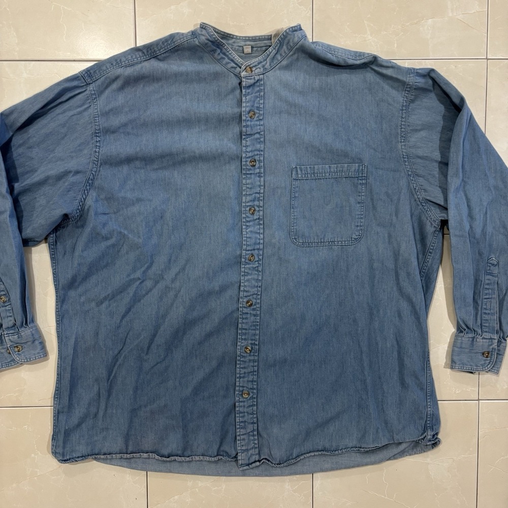 Vintage Denim Button Shirt Grandpa Collar Men's 2XL 90s Made In USA Work Western